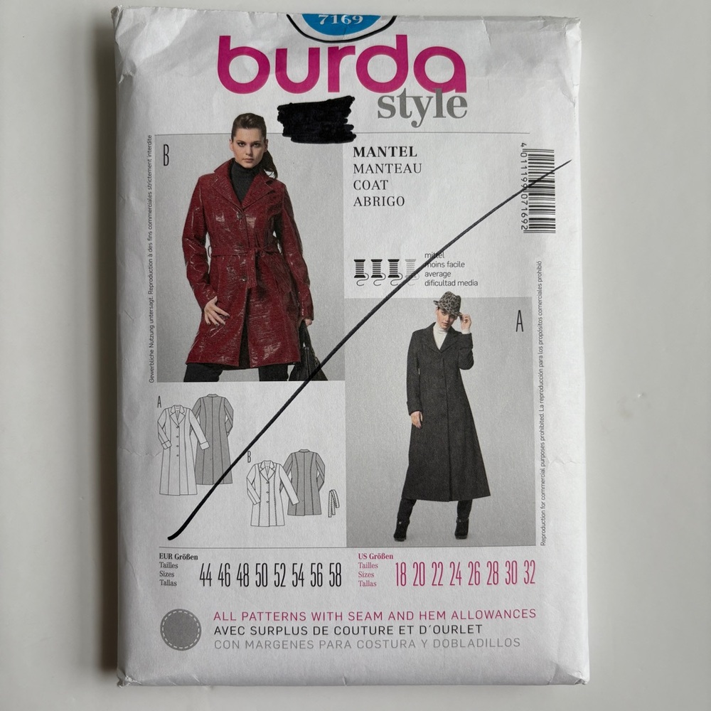 Burda Coat Sewing Pattern / Short Trench Coat /Long Trench Coat / Size 18-32